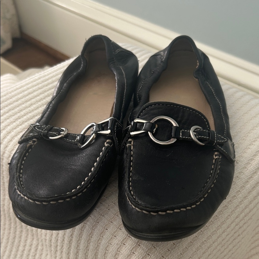 AGL Black Leather Flats with Silver Details